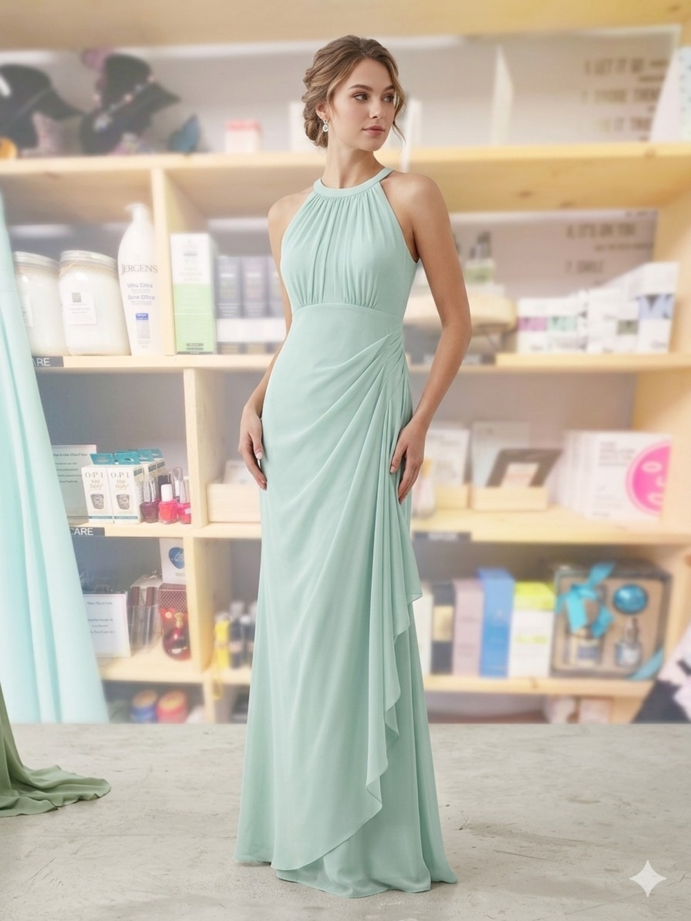 David's Bridal Mint Green Halter Maxi Dress